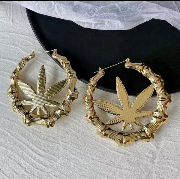 Gold bamboo kush leaf earrings