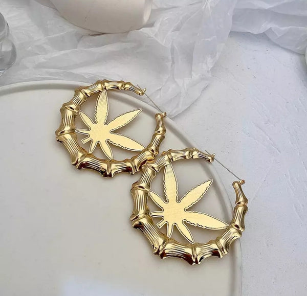 Gold bamboo kush leaf earrings